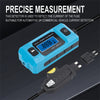 A blue automotive fuse current tester device with an LCD display and a connector cable.