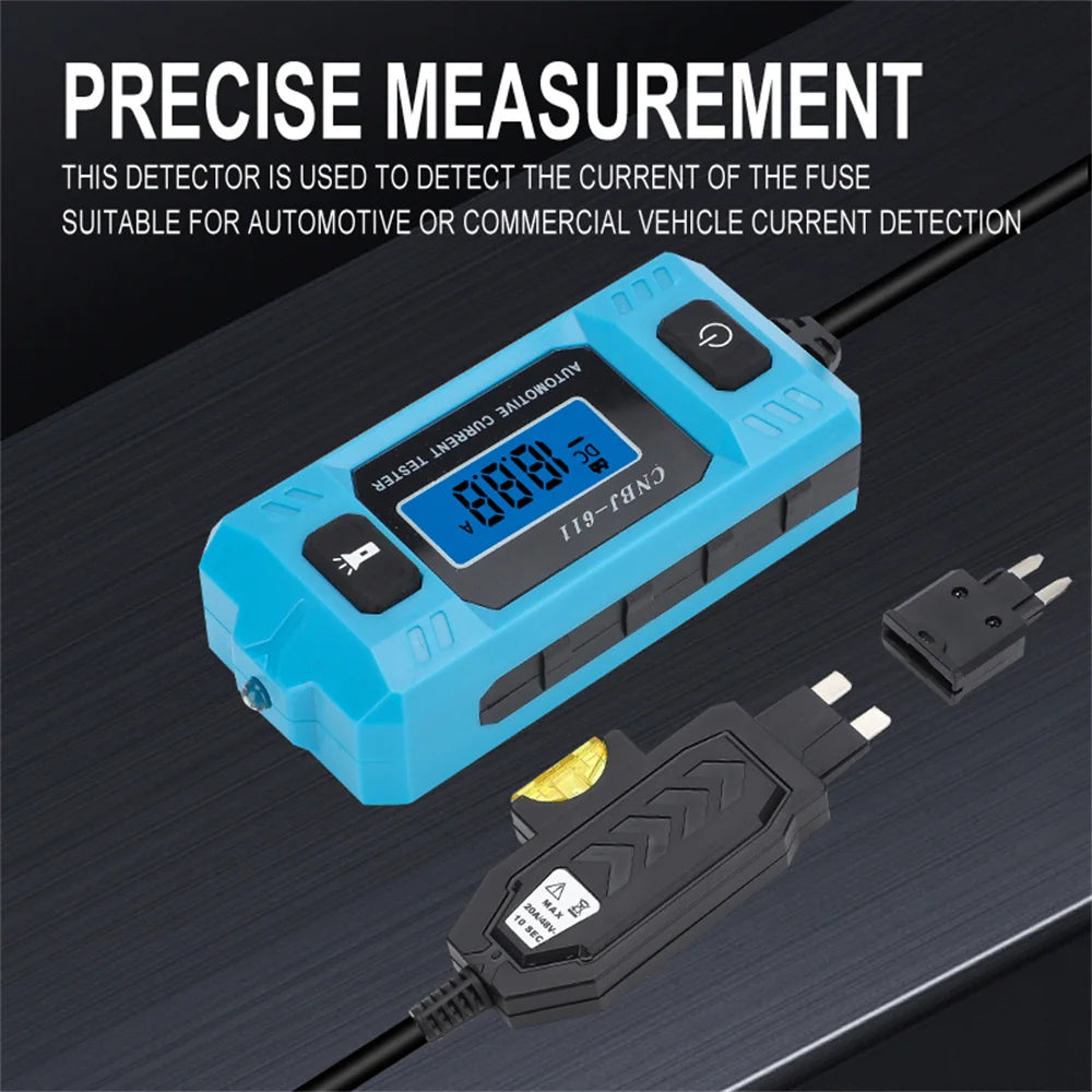 A blue automotive fuse current tester device with an LCD display and a connector cable.