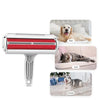 A reusable self-cleaning pet hair remover roller shown with various applications on a pet and sofa.