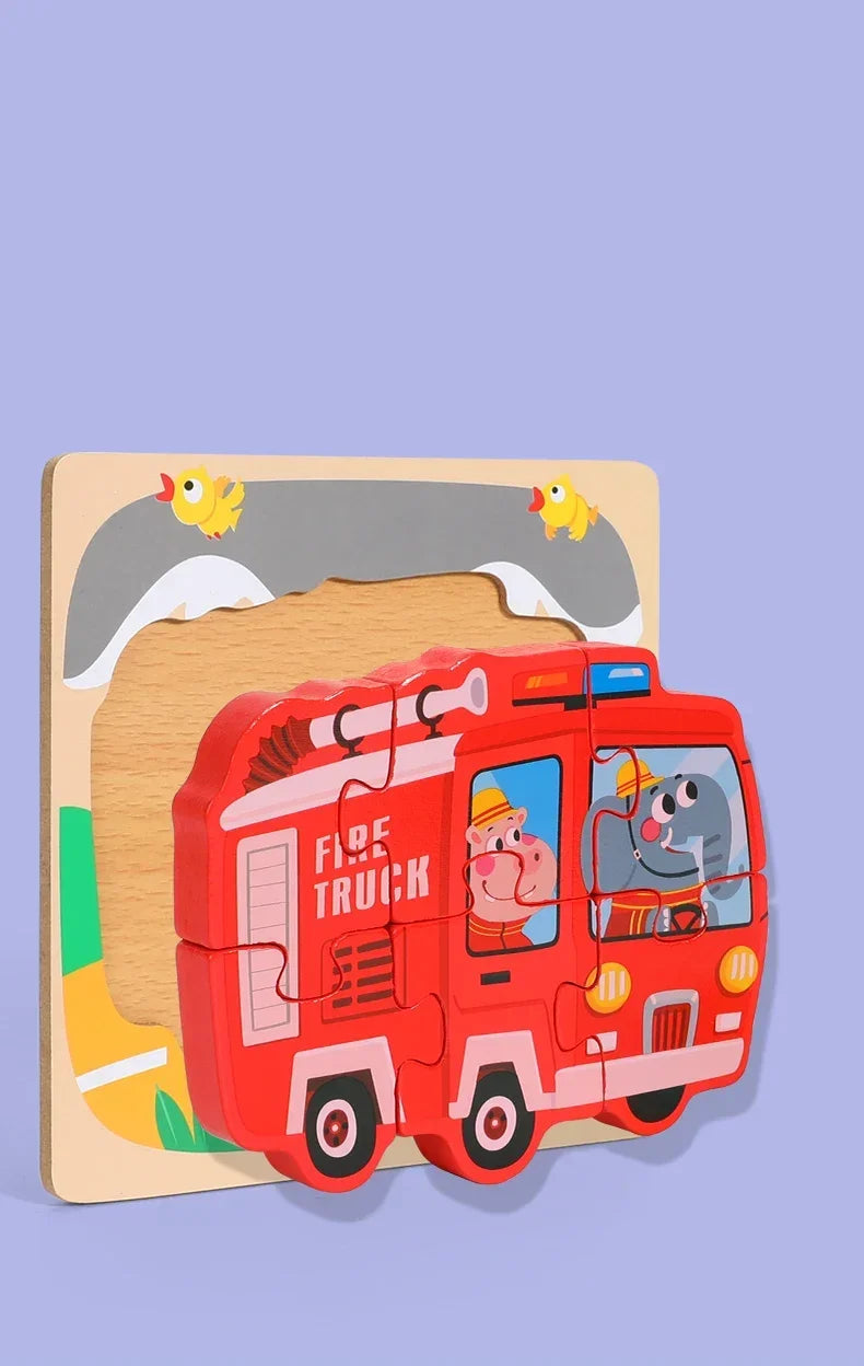 A wooden puzzle set depicting a red fire truck with cartoon animals and traffic shapes on a light wood background.