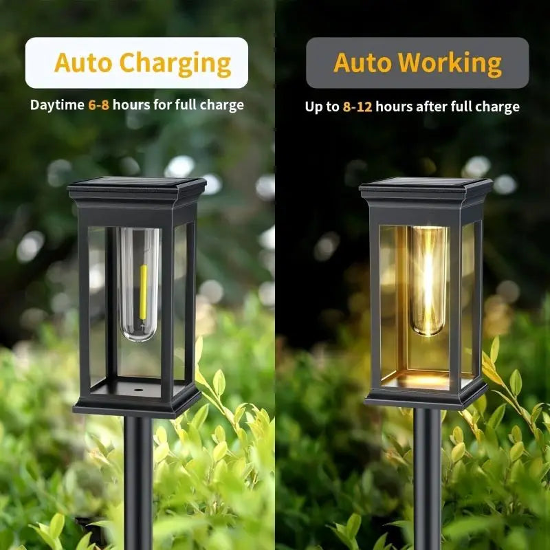 A black solar path light fixture with a warm glow is shown outdoors in a garden setting.