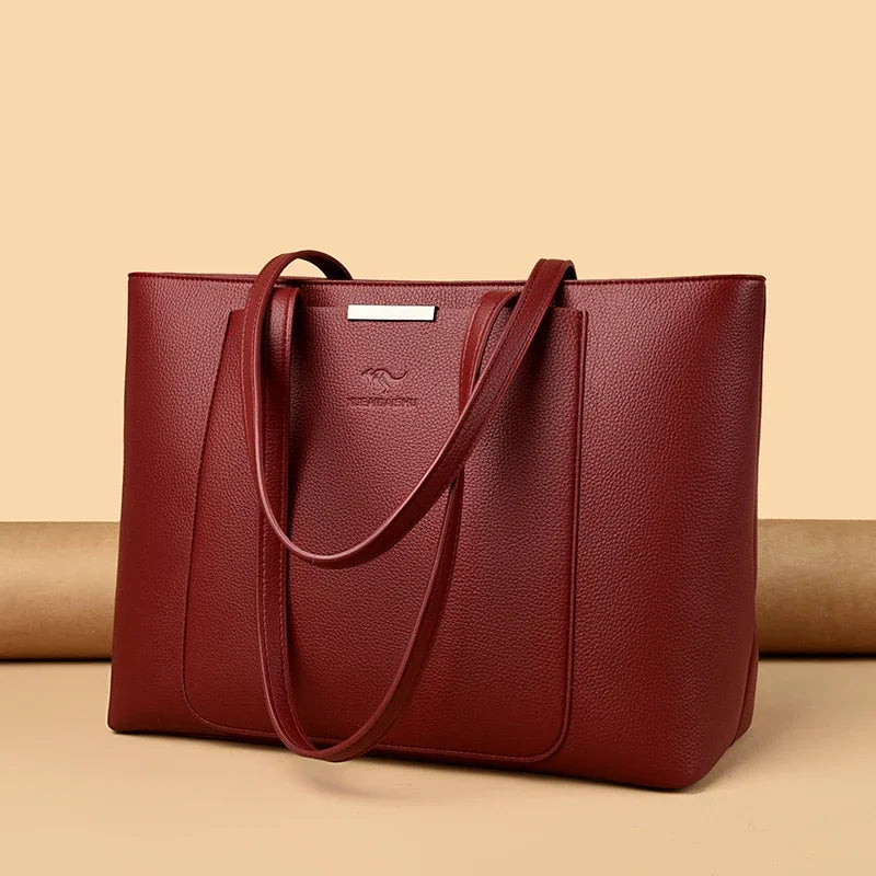 Genuine Leather Tote Bag with Multiple Pockets &amp; Zipper Closure