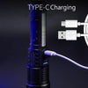A black rechargeable LED flashlight with a Type-C charging port and a white USB output cable.