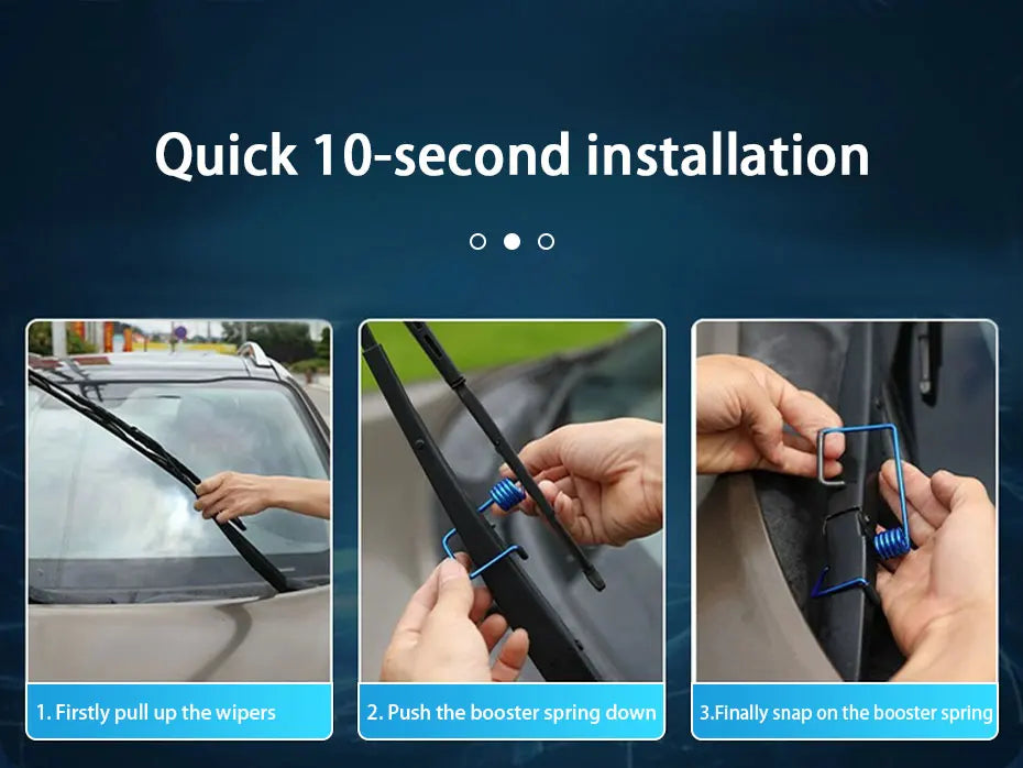 Three steps showing how to install universal wiper booster springs in a car windshield.