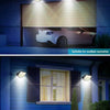 A solar powered motion sensor flood light illuminates a car parked in front of a building.