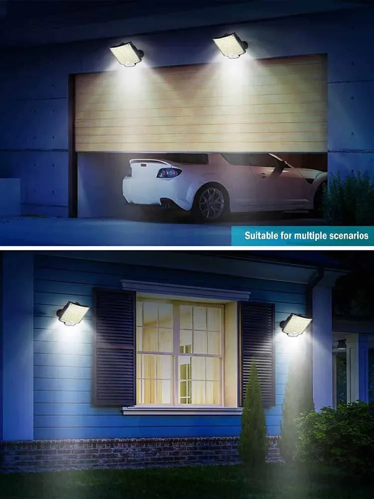 A solar powered motion sensor flood light illuminates a car parked in front of a building.