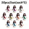 Five mini Jesus figurines in white and black robes with beards, packaged as a 5-set.