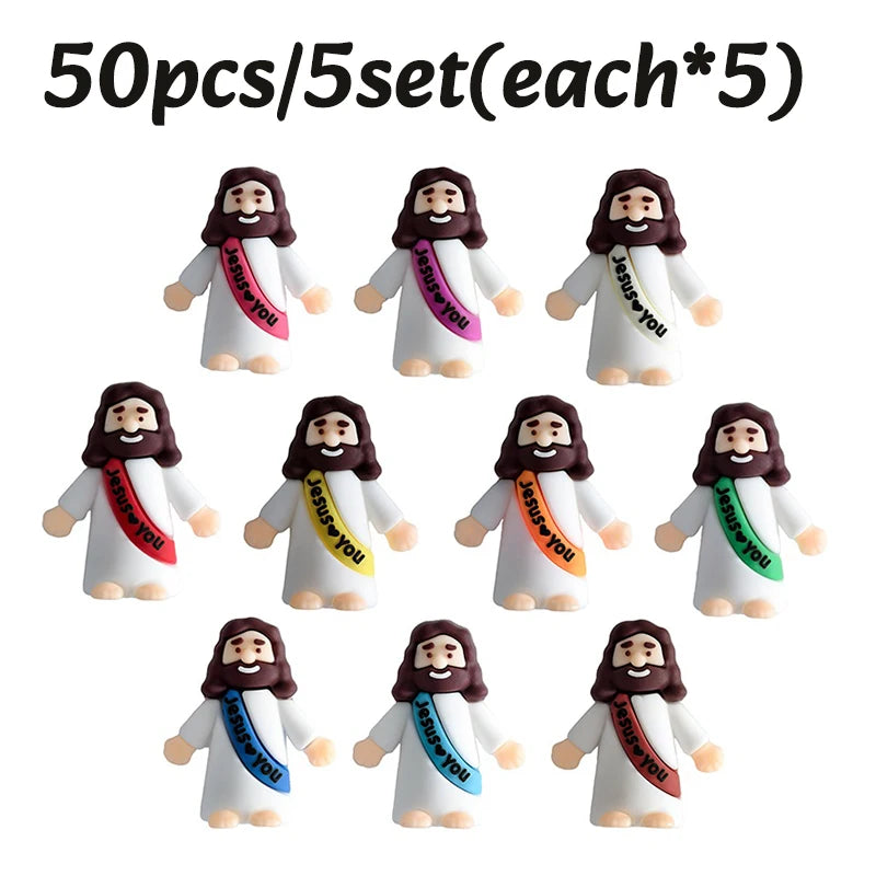 Five mini Jesus figurines in white and black robes with beards, packaged as a 5-set.
