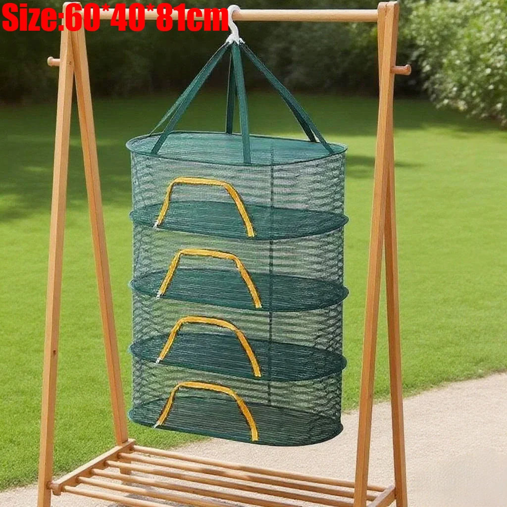 A folding wooden rack holds a green mesh drying net with yellow accents for hanging items.