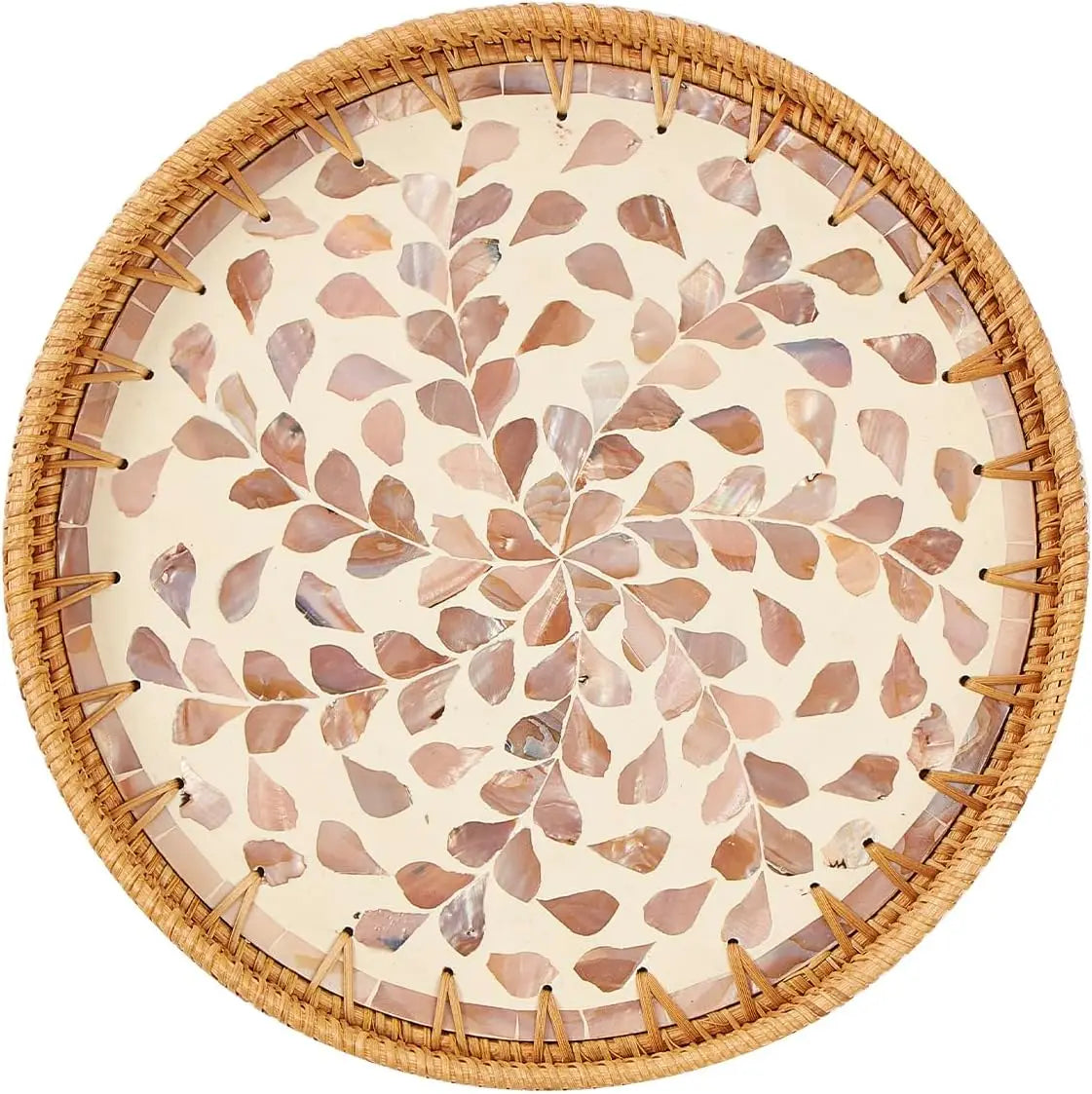 Handcrafted rattan serving tray featuring a mother of pearl inlay design.