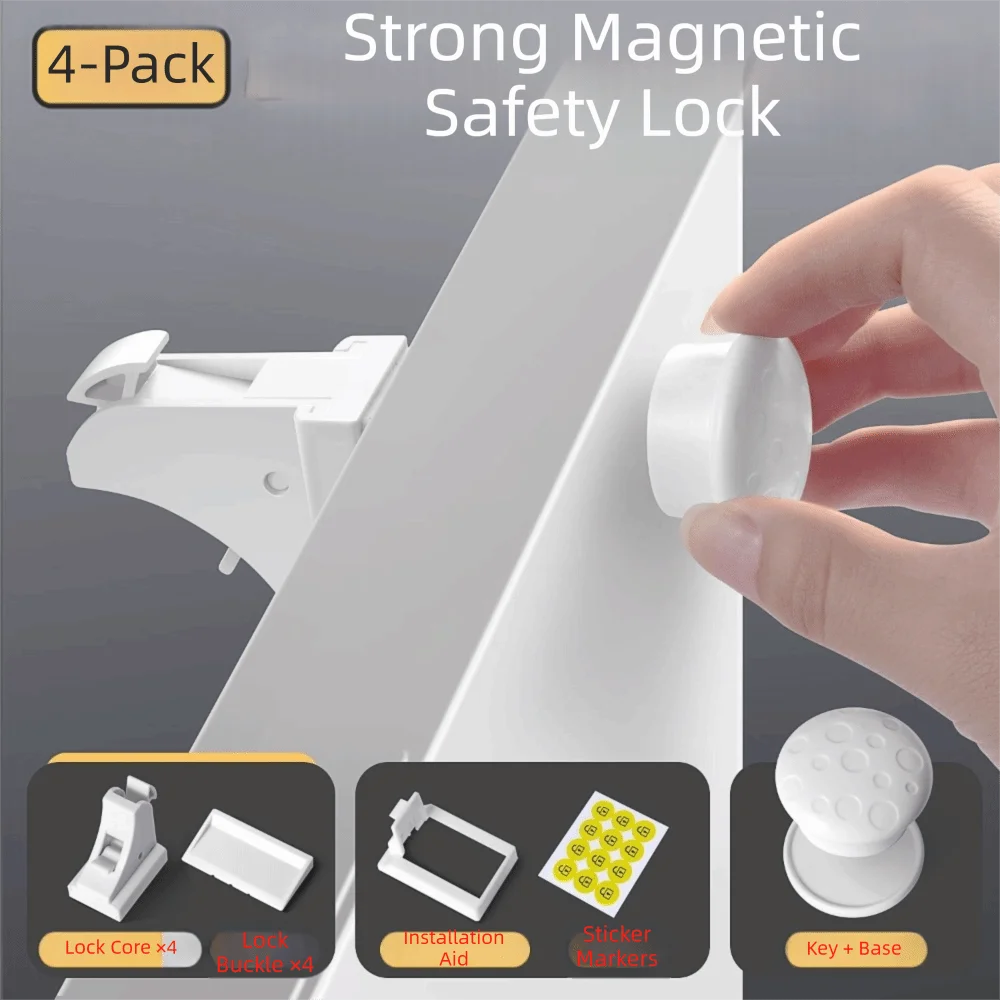 A 4-pack of strong magnetic safety locks for cabinets, showing the lock mechanism and various components like the lock core, 