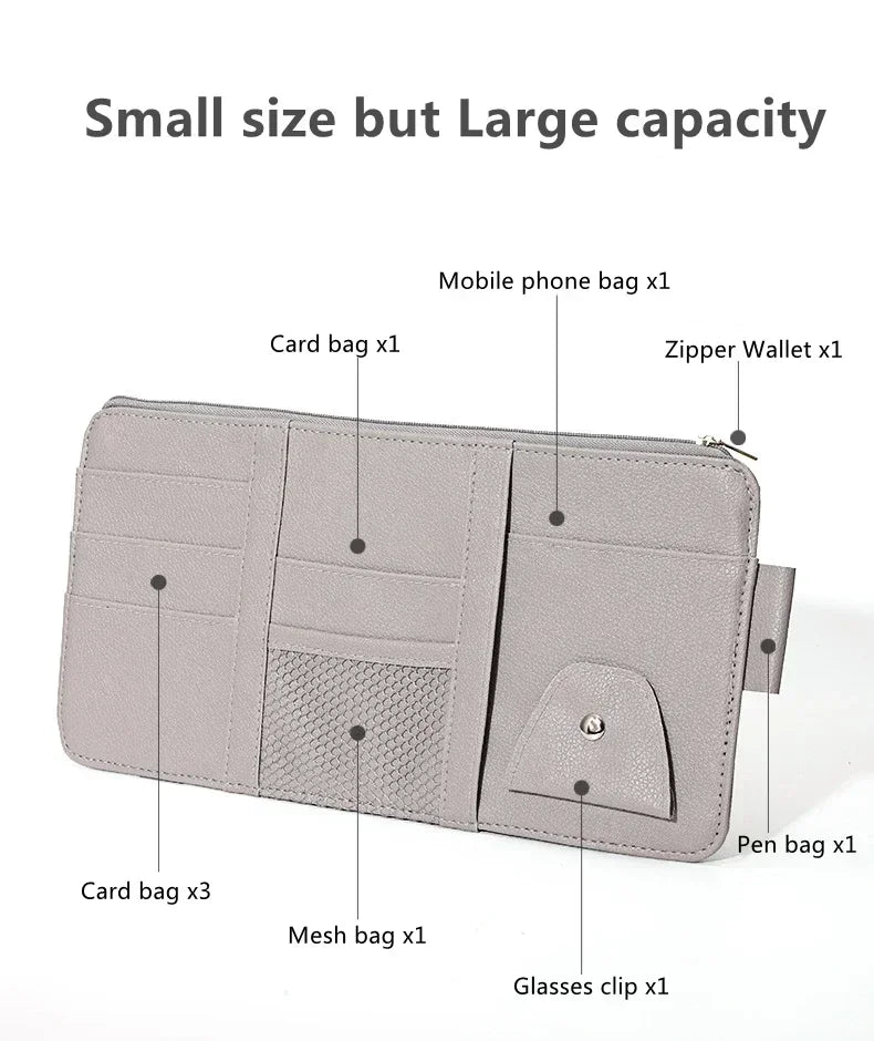 A light gray organizer wallet featuring multiple pockets for mobile phones, cards, pens, and glasses.