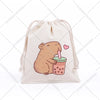 A cute brown capybara drawing on a beige drawstring storage bag.