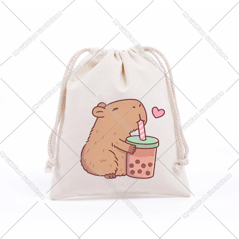 A cute brown capybara drawing on a beige drawstring storage bag.