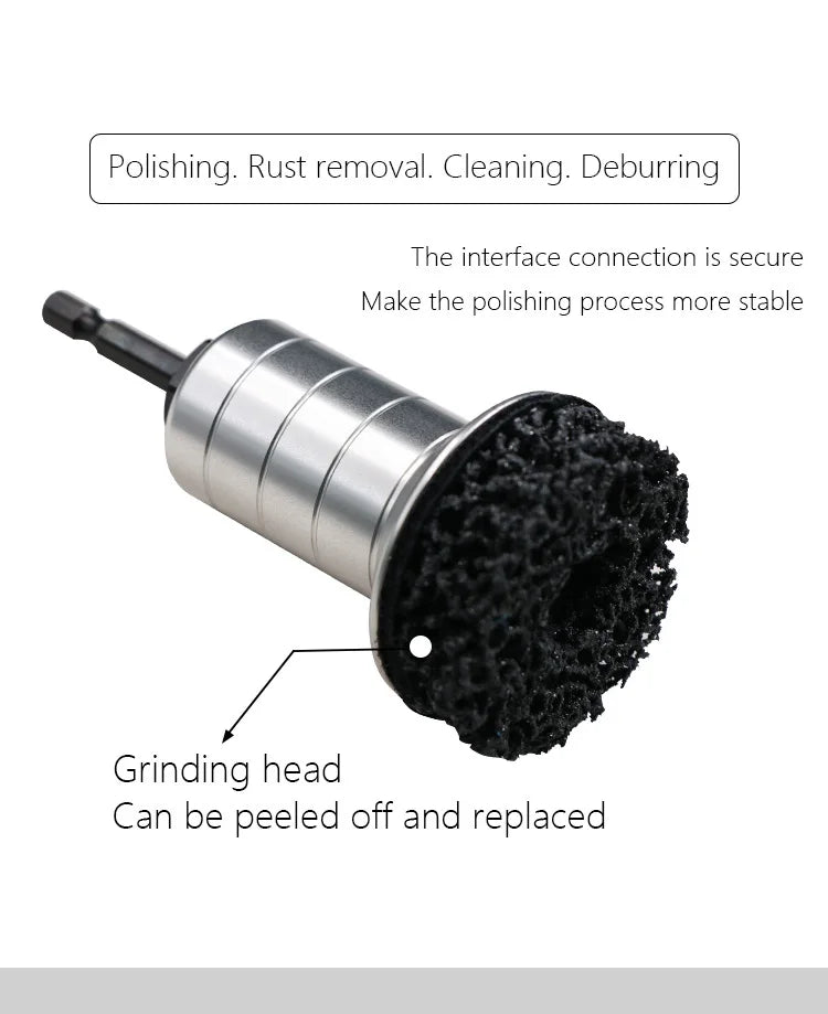 A silver tool with a grinding head for polishing, rust removal, cleaning, and deburring.