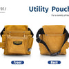 Front and back views of a tan utility pouch for holding various tools.