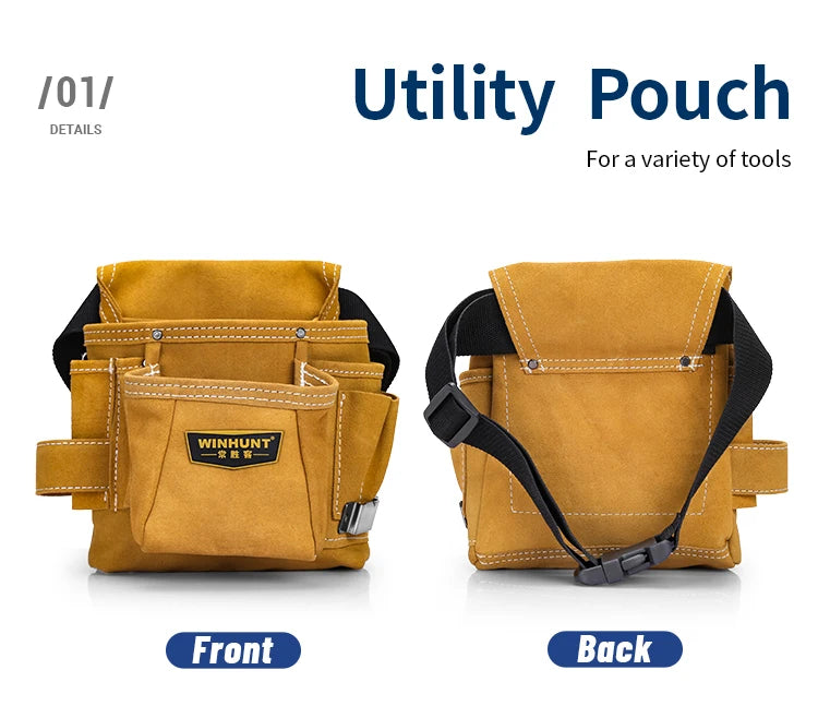 Front and back views of a tan utility pouch for holding various tools.
