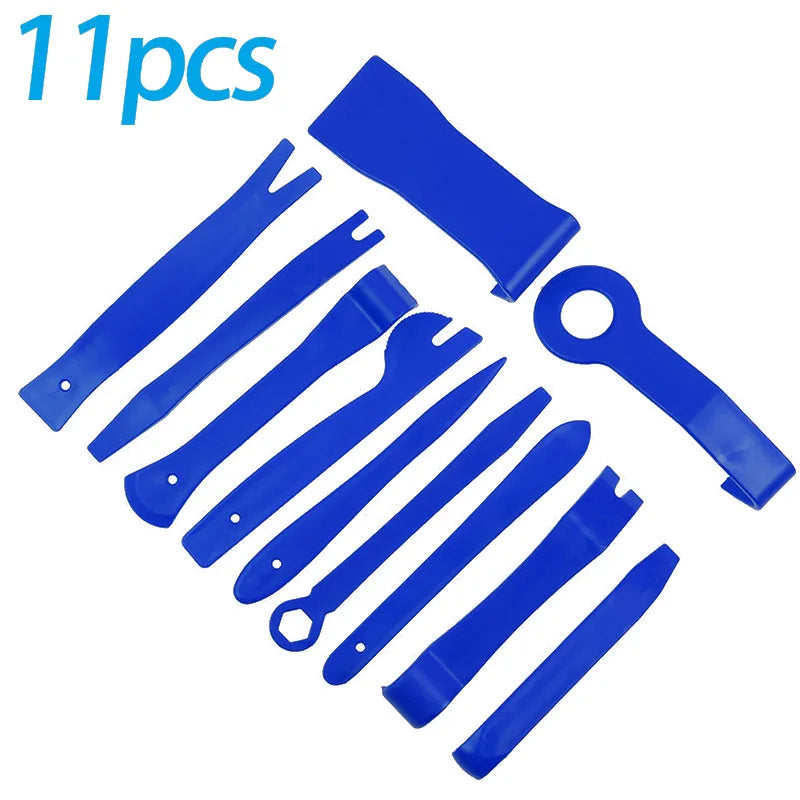 A set of 11 blue car trim removal tools and a storage pouch.