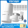 A white Vortopt faucet water purifier and mounting hardware with NSF certification.