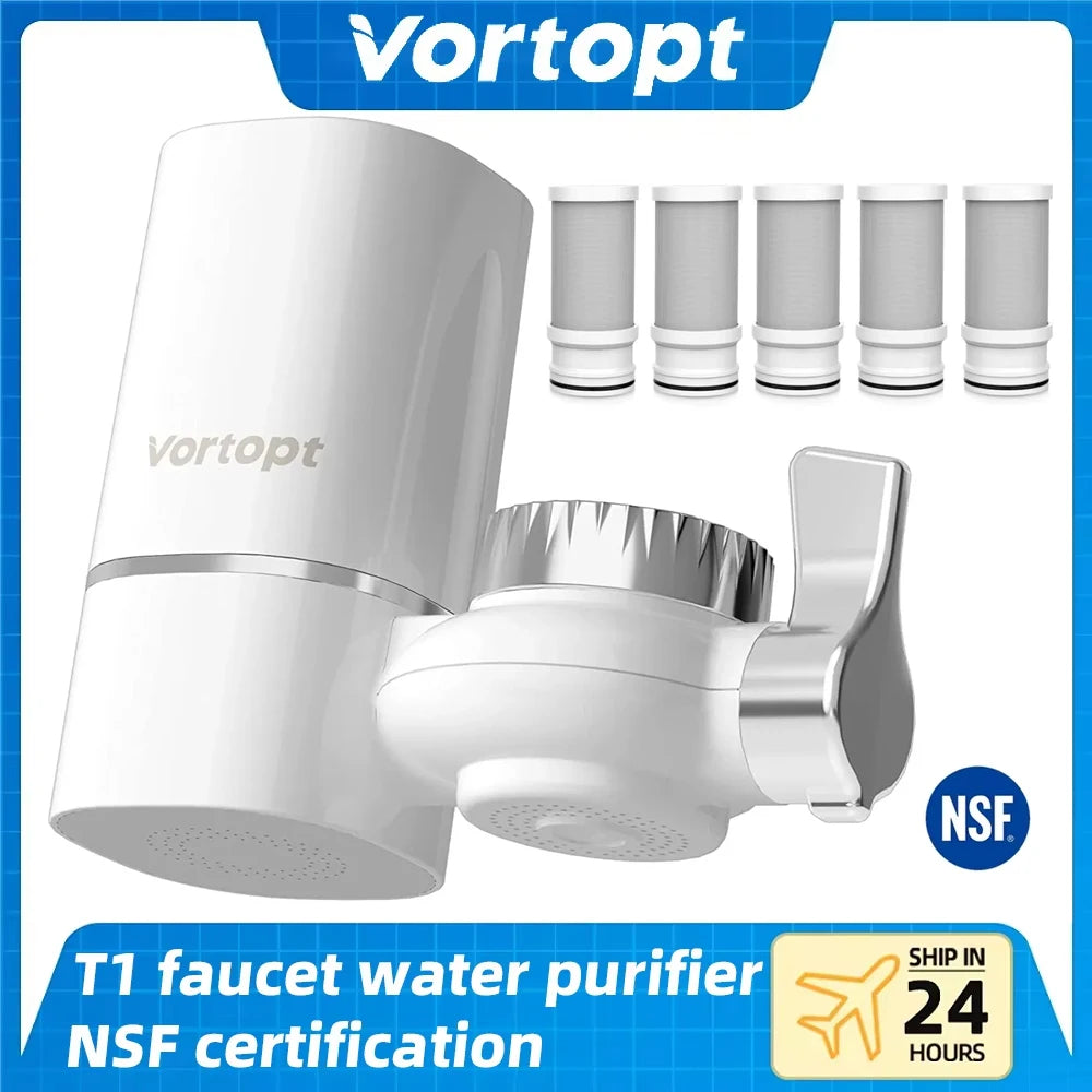A white Vortopt faucet water purifier and mounting hardware with NSF certification.