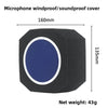 A black microphone windproof and soundproof cover with a blue circular insert, measuring 160mm by 135mm.