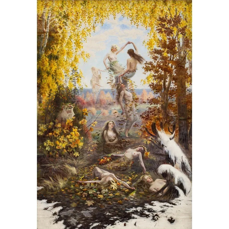 Victorian fairy canvas wall art depicting an ethereal portrait of a nude figure amidst autumn foliage and woodland scenery.