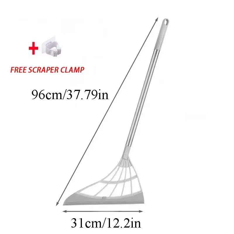 A silicone squeegee broom with a long adjustable handle and a free scraper clamp shown in a diagram.