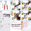 Step-by-step instructions showing how to install metal snap buttons using pliers for DIY sewing projects.