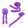 Purple silky satin sleep cap with a wide band shown from the front, back, and inner side.