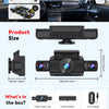 A black dash cam device is shown with various accessories like a paste bracket, car charger, and user manual.
