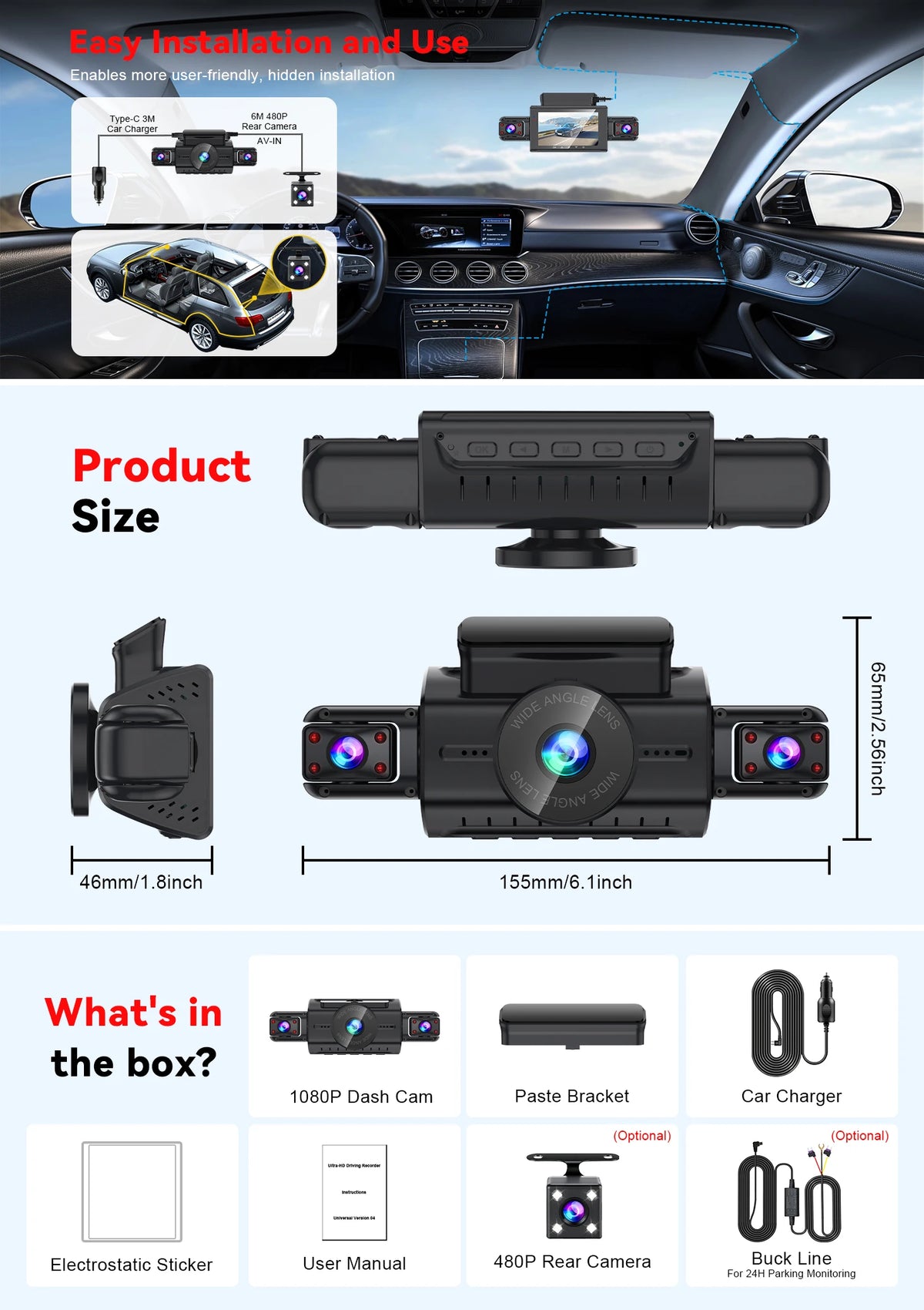 A black dash cam device is shown with various accessories like a paste bracket, car charger, and user manual.
