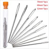 A set of large eye sewing needles in various sizes (70mm, 60mm, and 52mm) packaged in clear tubes.