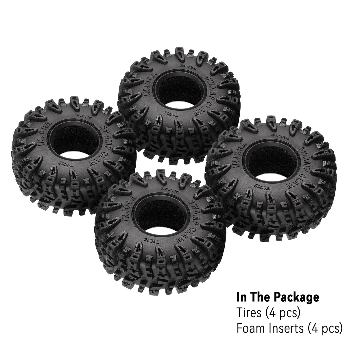 Four black Swamp Claw mud terrain tires and four foam inserts for RC crawlers