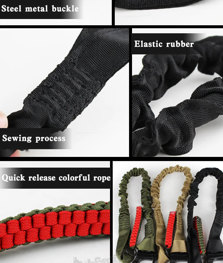 Various components of a tactical rifle sling including a steel metal buckle, elastic rubber, and colorful rope.