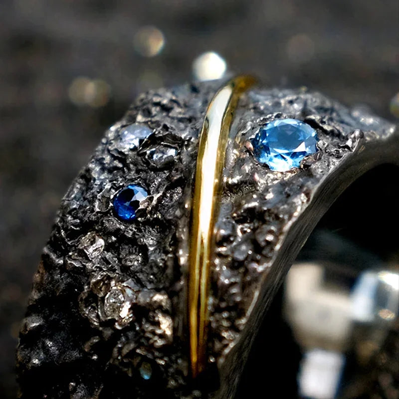 Starry Sky Blue Gemstone Ring with Silver Plating