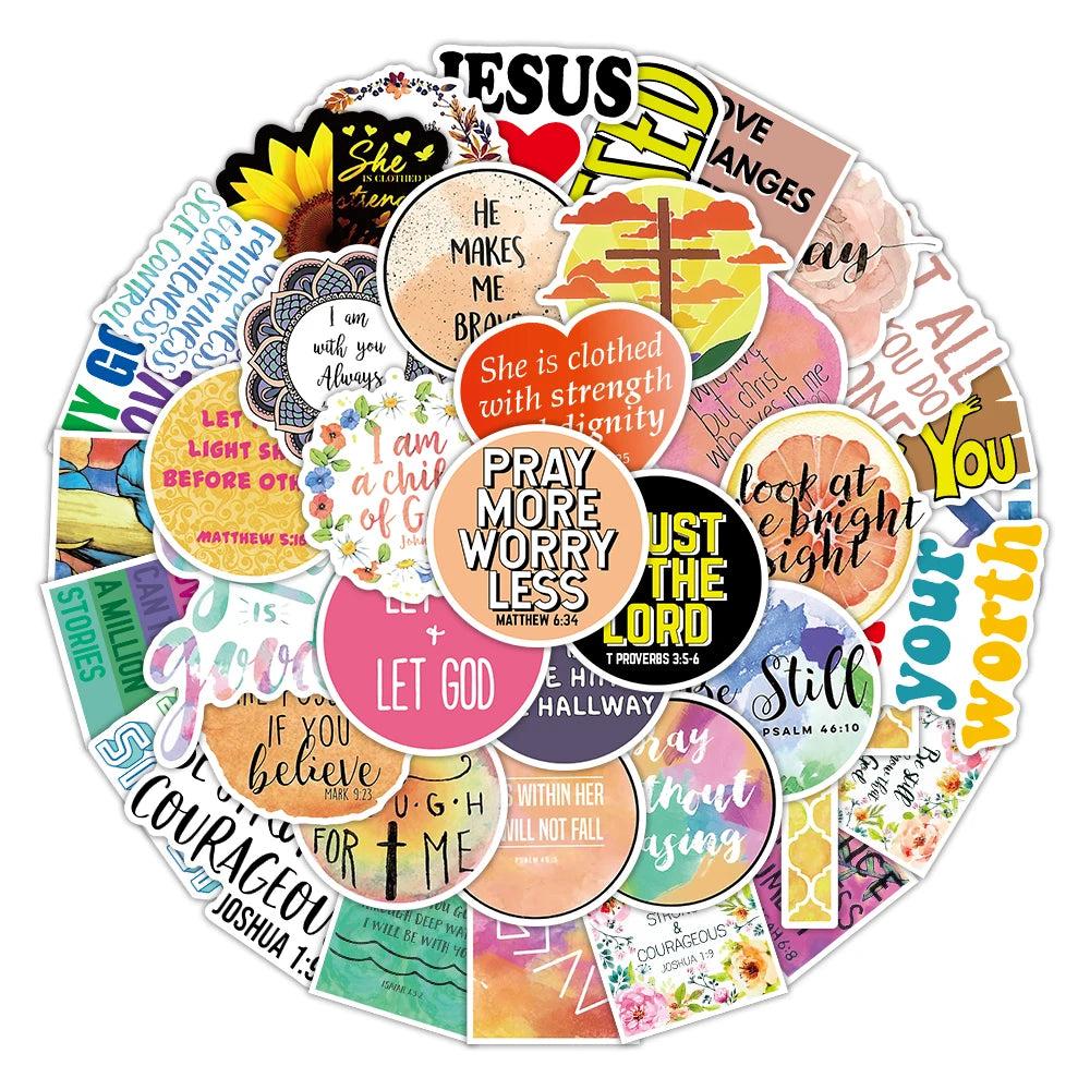 A circular arrangement of inspirational Bible verses and Christian decals featuring various colors and typography.