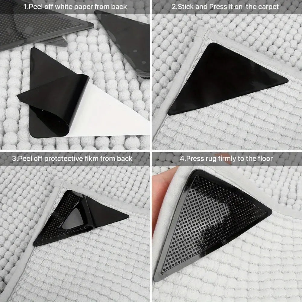 Step-by-step instructions showing how to install non-slip rug pad grippers onto a floor.