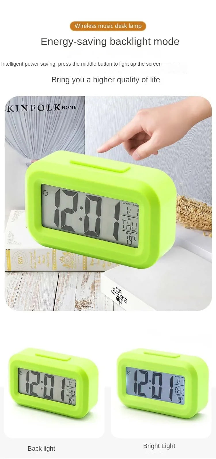 A lime green digital desk lamp with a display showing 12:01 and temperature settings, demonstrating back light and bright lig