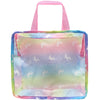 A colorful fabric doll carrier backpack with pink straps and a pastel rainbow gradient design.