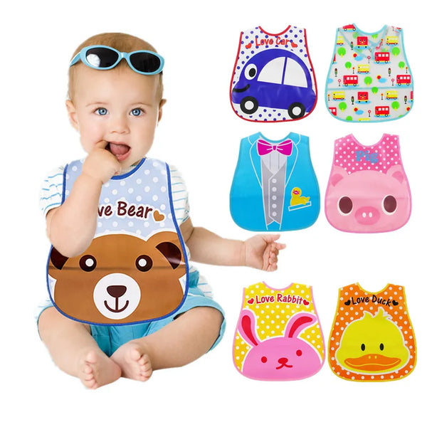 A baby is wearing a colorful wipeable bib with various themed pockets for weaning toddlers.