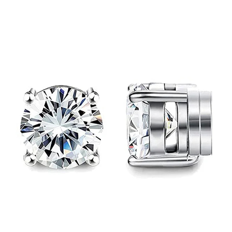 Boucles d'oreilles à clip magnétiques en cristal argenté avec une pierre taillée en brillant rond.