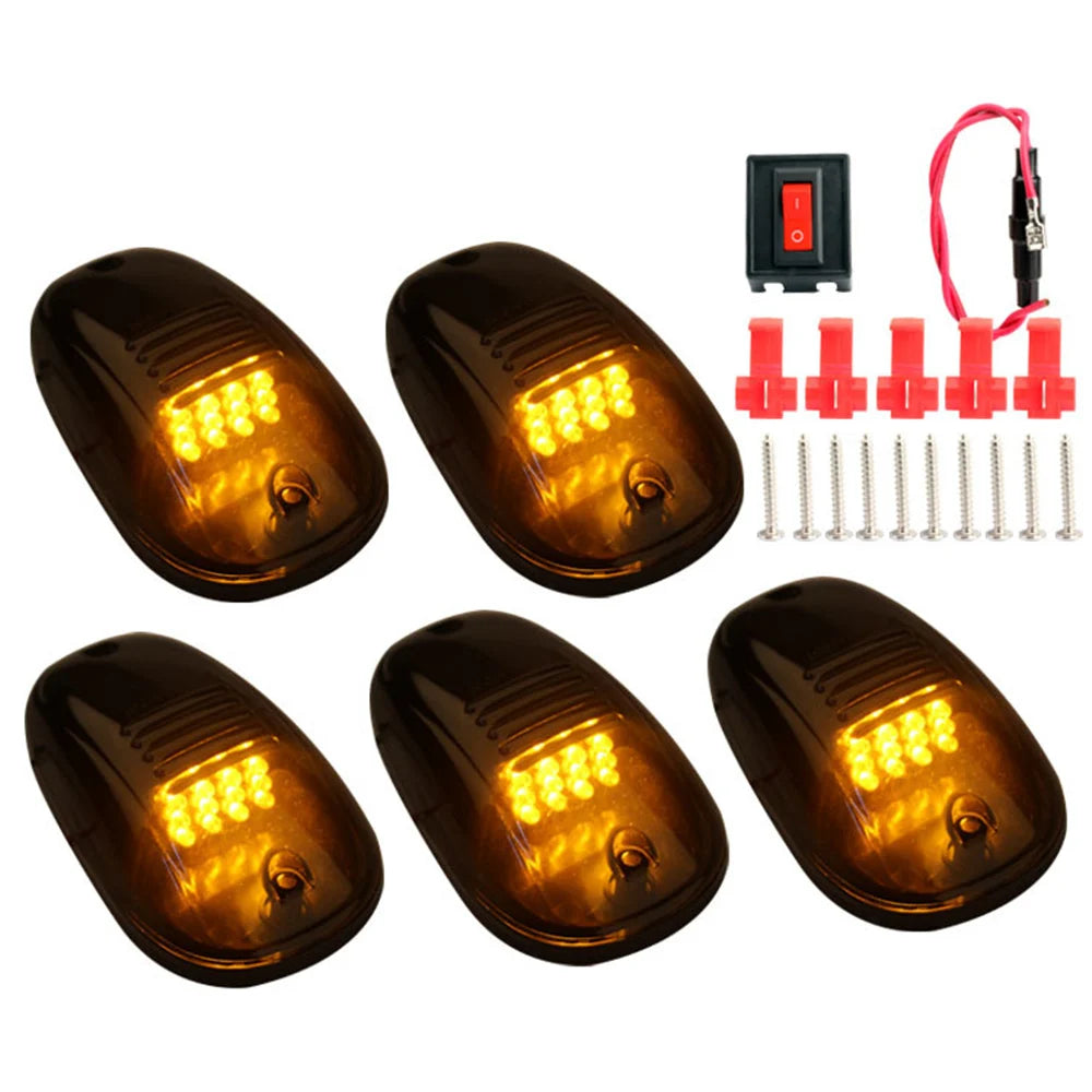 Set of five amber and white LED cab roof marker lights for trucks and SUVs with a separate power connector.