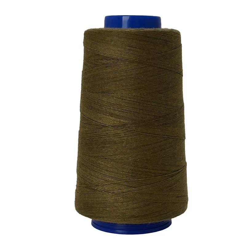 A spool of heavy-duty waterproof bonded polyester thread in olive green.