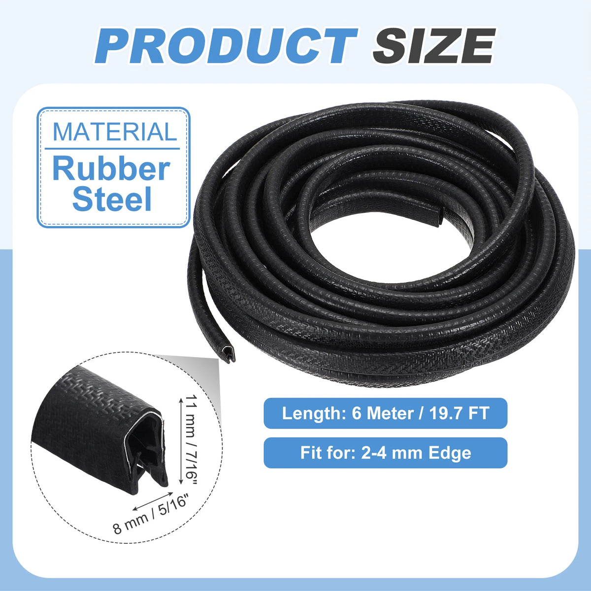 Black rubber steel flexible trim in a coil with dimensions 6 meter long and suitable for 2-4 mm edges.