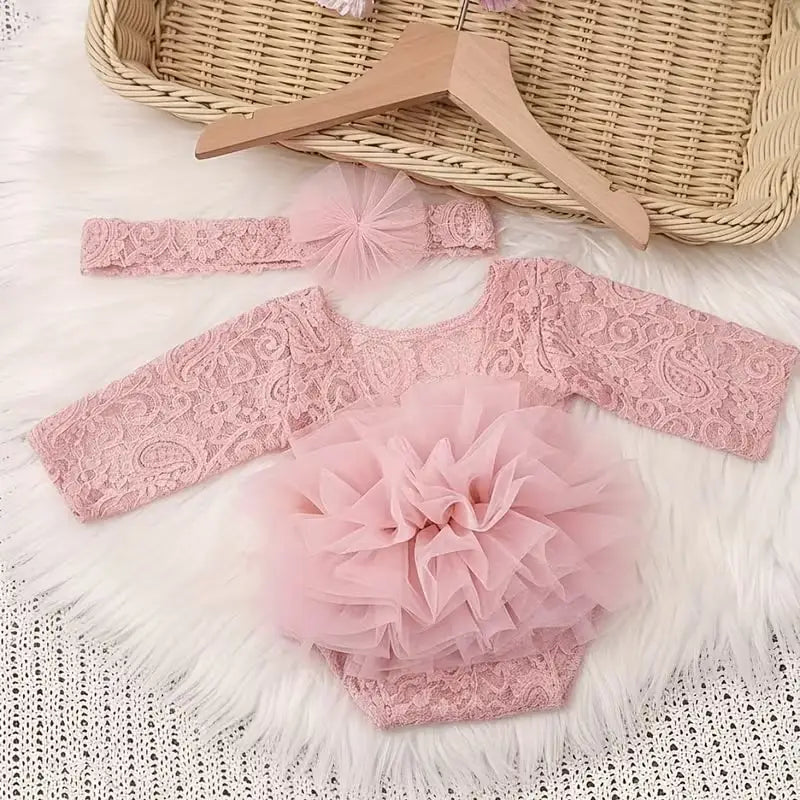 Newborn Knitted Lace Bodysuit Set with Puff Sleeves and Headband