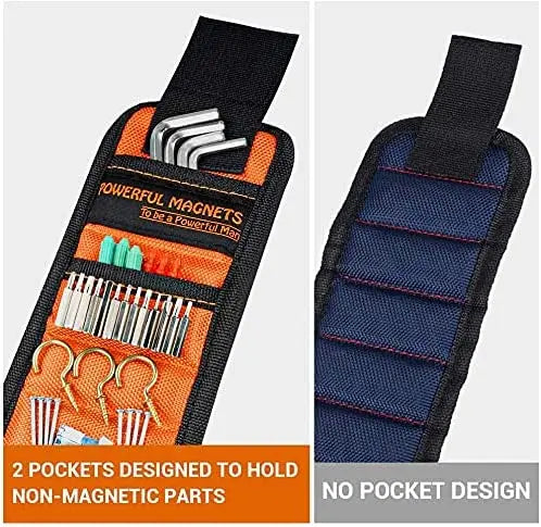 Black magnetic wrist strap with two pockets designed to hold non-magnetic parts