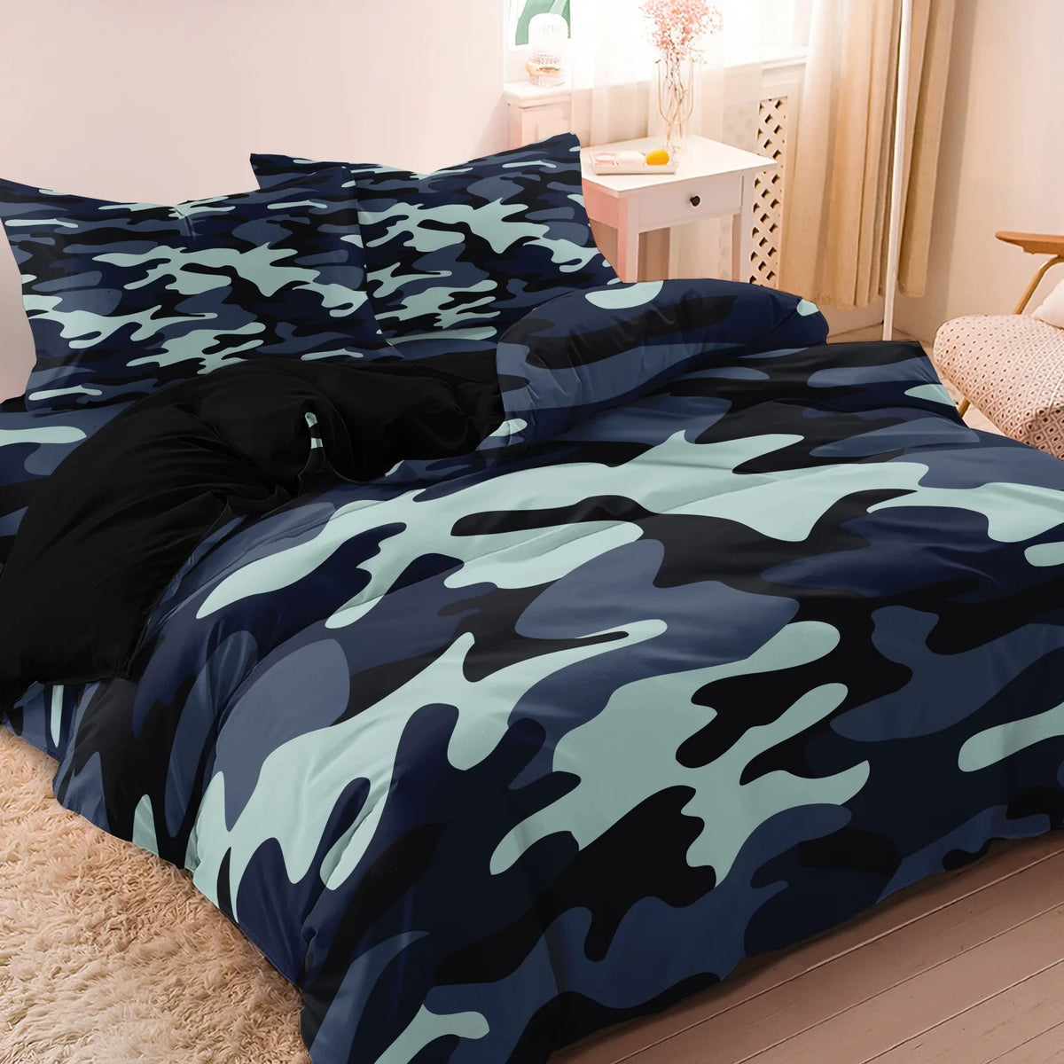 Blue-Black Camouflage Duvet Cover Set with Two Pillowcases