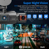 A close-up of a dash cam featuring Super Night Vision technology, showing a street scene during light and dark conditions.