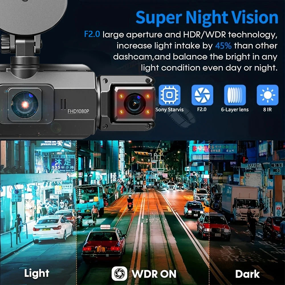 A close-up of a dash cam featuring Super Night Vision technology, showing a street scene during light and dark conditions.