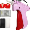 A pink and red mini handheld stitch gun with a needle and several sewing needles for clothing repairs.